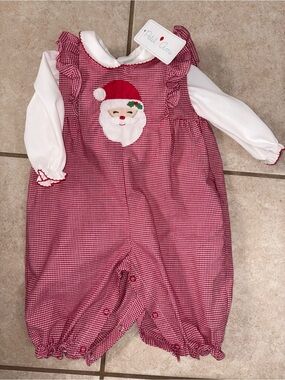 Petit Ami Red Gingham Christmas Santa Appliqué Onesie Set with White Sleeves